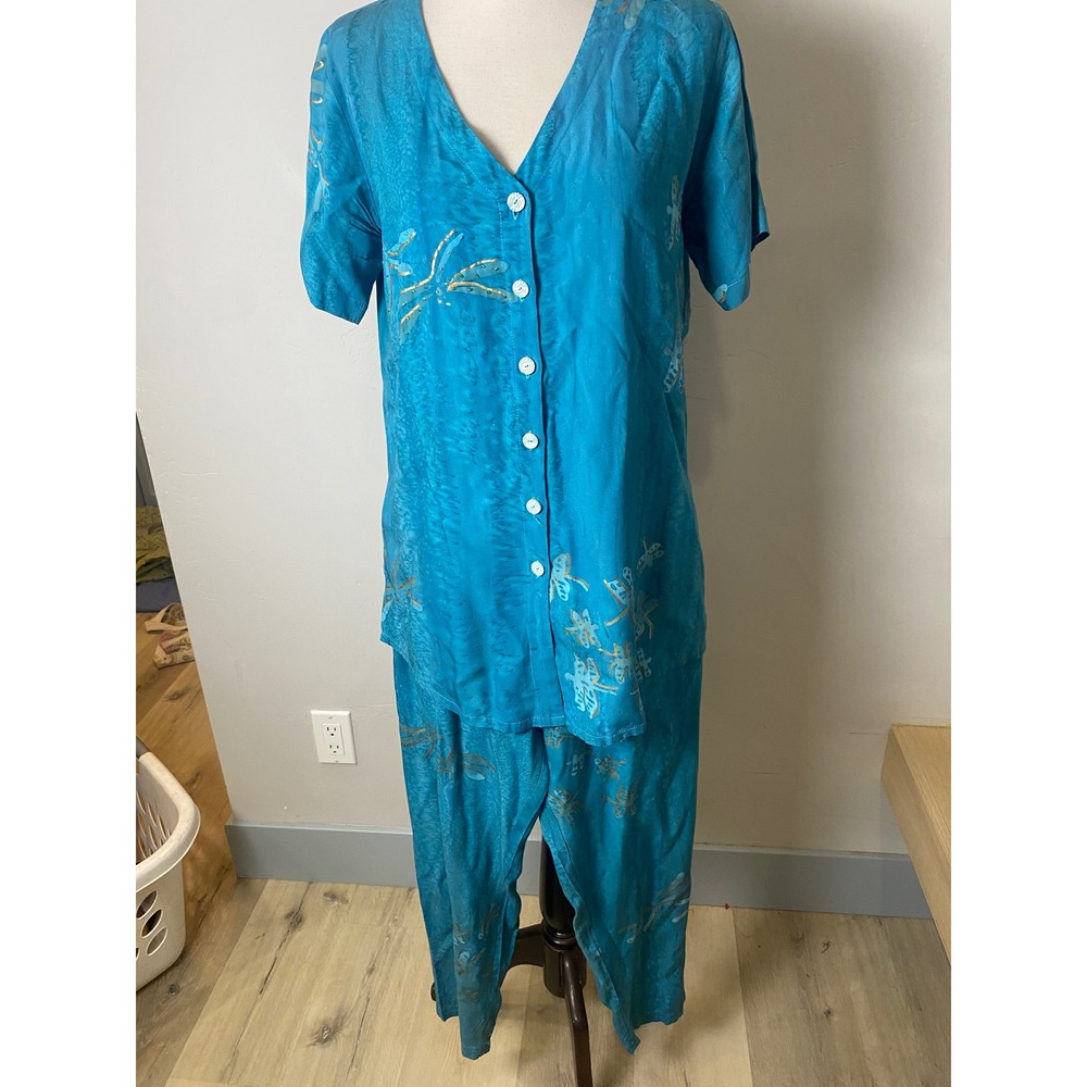 Tropical Tantrum 2 Piece Tunic and Pants Set Turquoise Blue Dragonfly XS Vintage